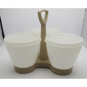 Tupperware 3 Condiment Caddy Server Set with Tupper Seal Lids Tan 758 Vintage